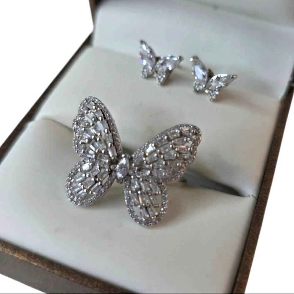 Giani Bernini .925 Sterling Silver CZ Baguette Butterfly Ring Size 8 W/Earrings!